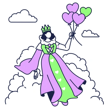The queen of hearts is flying high in the sky. She is wearing a large ornate crown adorned with intricate details. Her gown is flowing, with dramatic sleeves and a heart motif throughout the fabric. In her right hand, she holds a string of heart-shaped balloons that are floating above her. The balloons are in various sizes and are clustered together, with some tied to her wrist. The sky behind her is expansive, filled with fluffy clouds that add depth to the scene.