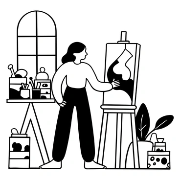 A girl with flowing hair stands in front of an easel, holding a paintbrush poised above a canvas. The room is filled with various art supplies, including tubes of paint scattered on a wooden table and brushes in jars. Sunlight streams through a window, casting shadows on the floor and illuminating the vibrant colors of the paints. There is a palette with mixed colors beside her on the table, and canvases stacked against the wall.