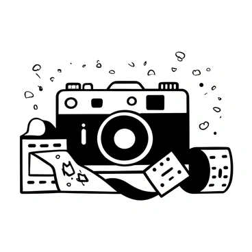 A classic vintage camera positioned at the center of the image, showcasing its intricate details like dials, buttons, and a textured grip. Surrounding the camera are multiple film rolls, some stacked upright and others laid flat, displaying their labels. The background features a subtle pattern that complements the camera and film rolls.