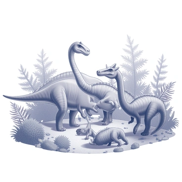 A group of herbivorous dinosaurs is grazing in a garden. The dinosaurs are various species, each with distinct shapes and features, such as a large Brachiosaurus with a long neck, a smaller Stegosaurus with plates along its back, and a gentle Triceratops with a prominent frill. The dinosaurs are interacting as they feed on different types of foliage. The garden is filled with many ferns, bushes, and trees, forming a dense and vibrant environment. The ground is scattered with leaves and plants, indicating a rich habitat.