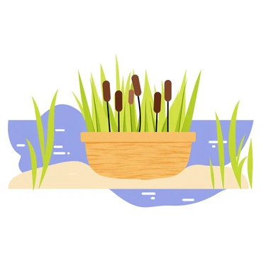 A woven basket filled with green and brown cattail heads is being gathered at the water's edge. The basket is round and sits on the soft, sandy shore. The water is calm and reflects the blue sky above. Lush green reeds surround the basket, creating a natural frame. Small ripples can be seen on the water's surface as a gentle breeze blows through the scene.
