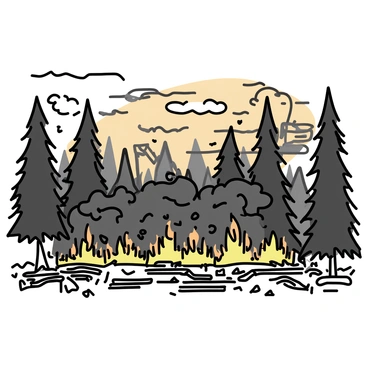 A dense forest with tall trees, some visibly charred and others aflame. Bright orange flames consume the underbrush, sending up thick, dark smoke that billows into the sky. The ground is scattered with fallen branches and debris from recent deforestation efforts. The sky above is a mix of gray and orange hues, reflecting the intensity of the fire. In the background, silhouettes of excavators and machinery can be seen, highlighting the cause of the destruction.