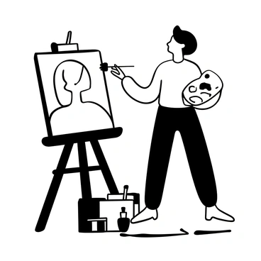 An artist standing in front of an easel, holding a paintbrush with one hand and a palette in the other. The canvas shows a partially completed portrait, prominently featuring the "neck" area of the model. The artist is intently focused, with their head slightly tilted as they apply paint with careful strokes. Various paint tubes and brushes are scattered around the easel, and a soft spotlight highlights the model's neck, showcasing intricate details. The background consists of a plain setting with a few art supplies neatly arranged.