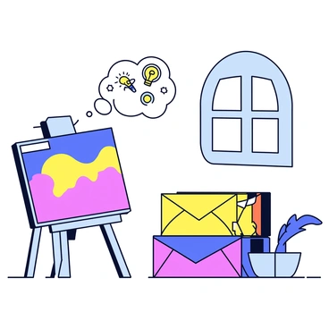 A minimalistic cartoon illustration showing a large easel holding a vibrant painting. Next to the easel is a stack of colorful grants displayed as oversized, open envelopes. Above the easel, a thought bubble contains symbolic images, such as light bulbs representing ideas and coins representing funding. The setting includes a simple studio background with a window letting in light, creating a bright atmosphere.