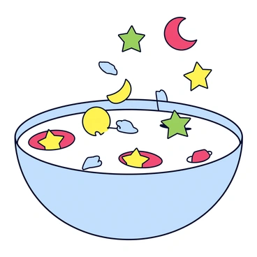 A circular bowl filled with white milk. Floating on the surface of the milk are various colorful cereal pieces shaped like stars, moons, and planets. The cereal pieces are vibrant in color, including bright reds, yellows, greens, and blues, creating a playful representation of a galaxy. Some cereal pieces are clustered together, while others are scattered, resembling celestial bodies in space.