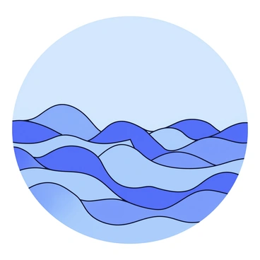 An ocean scene featuring waves crafted from layered blue tissue paper. The waves show various shades of blue, cascading smoothly in a rhythmic pattern. The background consists of a gentle horizon where the sea meets a soft sky. The sky is depicted in light blue hues, creating a calm atmosphere.