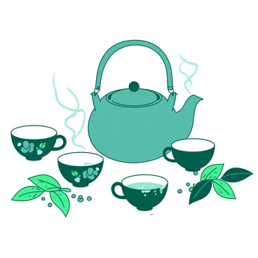 An artistic display of a teapot and teacups on a table surrounded by tea plants.