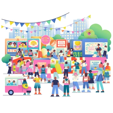 An outdoor street art festival featuring large illustration boxes as canvases for talented muralists.
