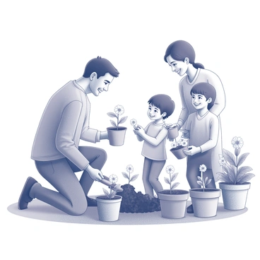 A family of four is gathered in their garden, planting flowers together. The father is kneeling down, using a small spade to dig in the soil. The mother stands beside him, holding a bright flower pot. The two children, a boy and a girl, are actively involved; the boy is placing a flower into the pot, while the girl smiles and holds another pot in her hands. Each family member displays a happy expression, demonstrating their engagement in this activity. Various flower pots are arranged around them, showcasing different shapes and sizes. The garden is filled with healthy greenery, providing a lively backdrop to the scene.