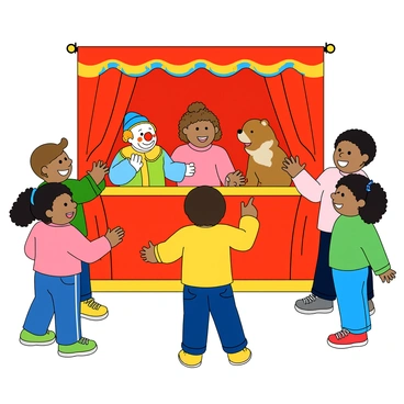 A group of six children, varying in age from about five to eight years old, are gathered around a colorful puppet theater. The puppet theater is made of bright red fabric, adorned with yellow and blue patterns. The children have different hairstyles, including curly, straight, and ponytails, and they are wearing playful, colorful clothing. Their eyes are wide with excitement as they watch the puppet show unfold. One child is clapping their hands, while another points at a puppet on stage. The puppets are lively and cartoonish, depicting a cheerful clown and a funny animal character. The atmosphere is vibrant, filled with laughter and joy as the children are fully immersed in the performance.