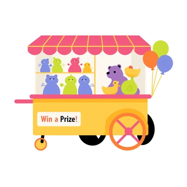 A lively carnival game cart with colorful prizes and stuffed animals