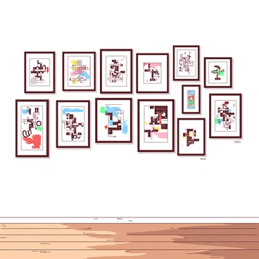 A white gallery wall is filled with framed illustrations showcasing different artistic interpretations of crossword puzzles. Each frame features a unique design, some with bold, angular black letters forming intricate patterns, while others display colorful, overlapping shapes filled with letters. Various sizes of frames create a dynamic composition across the wall. The floor beneath the wall is polished wood, reflecting the vibrant colors of the artwork. Each puzzle is artistically rendered to evoke a sense of playfulness and creativity.