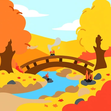 An autumn scene with falling leaves, a bridge, and small brush fires nearby