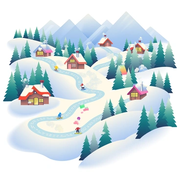 An aerial view of a mountain resort showcasing ski slopes and cozy chalets nestled among the snow-covered terrain. The ski slopes are marked with winding paths, and small dots of colorful skiers can be seen making their way down. Scattered throughout the landscape are charming wooden chalets with sloped roofs, some adorned with smoke curling from chimneys. The chalets are surrounded by tall pine trees dusted with snow, creating a picturesque winter scenery. The sunlight casts soft shadows across the slopes, highlighting the natural beauty of the mountain environment. In the distance, majestic mountain peaks rise against a clear blue sky.