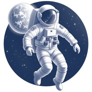 An astronaut is floating in the vastness of space. The figure is clad in a detailed space suit, complete with a large helmet reflecting distant stars and the curvature of Earth. In the background, Earth is visible, showcasing its landmasses and swirling clouds. The darkness of space surrounds the astronaut, emphasizing the contrast between the bright planet and the void beyond. The image also captures the subtle details of the astronaut's suit, including the controls and patches displaying mission insignia.