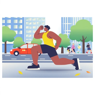 A jogger with dark skin and short black hair is taking a break to do lunges on a bustling city street. The jogger is wearing a bright yellow tank top and black running shorts. Surrounding the jogger, there are tall buildings with glass windows reflecting sunlight. In the background, several pedestrians are walking by, and there are green trees lining the sidewalk. A red taxi cab is driving past on the street. The ground is paved with gray concrete, and there are scattered leaves, suggesting it is autumn.