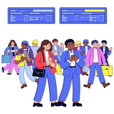 Two people are standing side by side in a crowded train station, both checking their watches at the exact same moment. The first person is a woman with long brown hair, wearing a red jacket and holding a black handbag. The second person is a man with short black hair, dressed in a blue coat and wearing glasses. In the background, numerous travelers are hurrying past, with colorful luggage and busy expressions. Large digital display boards showing train schedules are visible above, adding to the bustling atmosphere of the station.