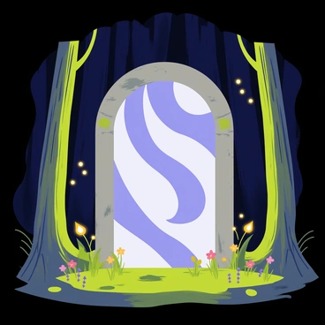 A glowing portal with swirling blue and purple light is situated in the center of a dense forest. Surrounding the portal are tall, green trees with thick trunks and vibrant leaves. The ground is covered in soft, green moss and small wildflowers. Flickering fireflies illuminate the area, adding a magical touch. The portal emits a soft, warm light that contrasts with the dark, shadowy surroundings of the forest, hinting at the entrance to a mysterious realm beyond.