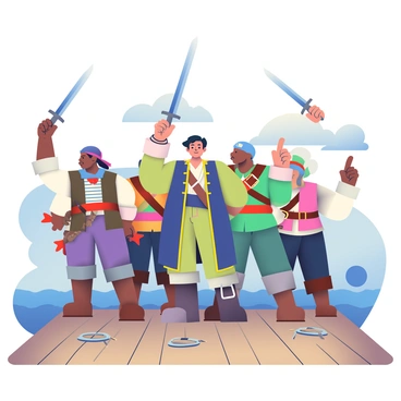 A group of five pirates with various skin tones and hairstyles is standing on the deck of a ship. They are wearing a mix of tattered clothing and accessories, such as bandanas, sashes, and belts. Each pirate is raising their sword high, pointing it towards the ship's captain, who stands defiantly in the center. The captain has short, dark hair and is dressed in a long coat with gold trim. The ship's wooden deck is weathered, and ropes are coiled nearby. The ocean waves can be seen in the background, with a cloudy sky above.