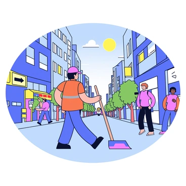 A street cleaner sweeping a sidewalk in a bustling city during early morning