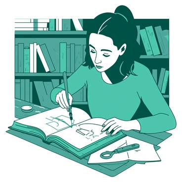A teal librarian is focused on delicately repairing an old book at a wooden workshop table. The book, with worn leather covers, is open in front of her, revealing fragile, yellowed pages. She is using a small brush to apply adhesive to a torn page, while various tools like scissors and a bone folder are scattered around the table. A soft light illuminates her workspace, highlighting the textures of the book and the wooden surface beneath it. In the background, shelves filled with other old books create a cozy atmosphere.