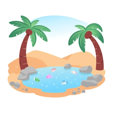 A small oasis with clear, sparkling water surrounded by golden sand dunes. Several colorful fish are swimming gracefully beneath the surface of the water. Lush green palms lean over the oasis, casting gentle shadows on the sand. There are small rocks scattered around the water's edge, adding texture to the scene. In the background, a vast expanse of clear blue sky complements the vibrant colors of the oasis.