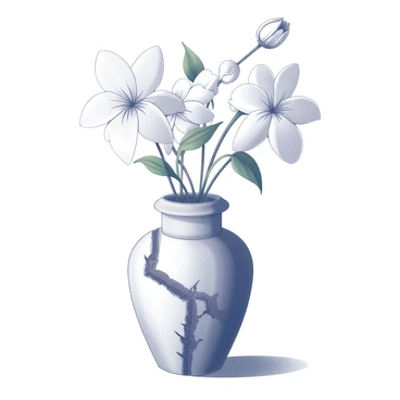 A shattered vase that has been meticulously glued back together is displayed prominently. The cracks and seams of the repair are visible, showcasing the craftsmanship involved in its restoration. Inside the vase, a variety of flowers are blooming, their stems arranged harmoniously. The flowers include delicate petals and lush green leaves, adding life and color to the scene. The vase is placed on a simple tabletop, allowing the focus to remain on its intricate details and the vibrant floral arrangement within.