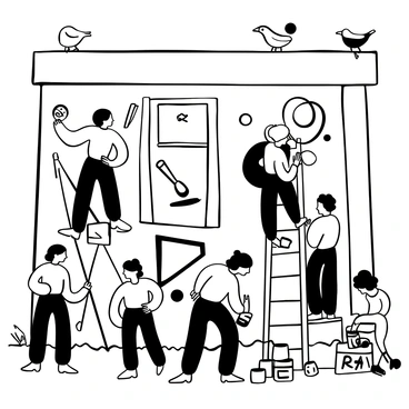 A group of artists standing on ladders painting a large mural on a city wall. The mural features various abstract shapes and intricate designs. Paint cans scattered around the base of the wall, some opened with brushes resting inside. A few artists are focused on their sections, mixing paint on palettes. Onlookers are gathered nearby, observing the progress, while a few birds are perched on the edge of the wall. Tools like spray paint and stencils are placed on the ground, ready for use.