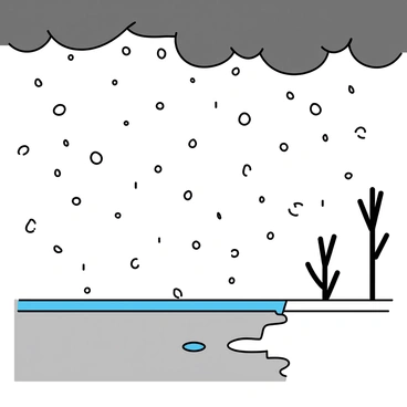A sudden hailstorm is occurring, with small ice pellets scattered across the gray sidewalk. The ice pellets are bouncing off the surface, creating small splashes as they hit. The atmosphere is filled with dark, ominous clouds overhead, and the ground is slick with moisture. Puddles begin to form where the ice pellets have landed, and a few nearby trees sway gently in the wind.