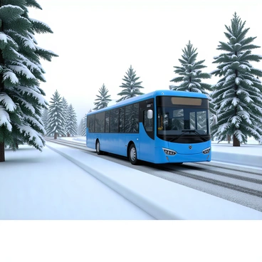 A new bus with a sleek design and a vibrant blue exterior, featuring large windows that reflect the surrounding snow-covered landscape. The bus is driving on a narrow road surrounded by tall pine trees, their branches heavy with fresh snow. Snowflakes are gently falling from the overcast sky, creating a soft blanket of white on the ground. The bus moves cautiously, leaving faint tire tracks in the snow as it navigates the winter scenery.