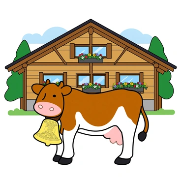 A brown and white cow stands prominently in front of a traditional wooden chalet with a sloping roof. The cow is adorned with a large, ornate cowbell that gleams, showcasing intricate designs engraved on its surface. The chalet features wooden beams and flower boxes filled with colorful blooms hanging from the windows. The background is detailed with green trees and a clear blue sky, adding to the charm of the scene.