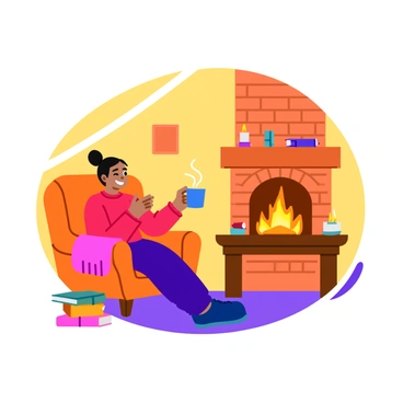 A cozy scene with a person sitting by the fireplace, holding a mug, and breathing deeply