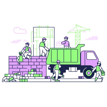 A construction site is bustling with activity. In the center, a large construction truck is unloading bricks, which are stacked on the ground in neat rows. The truck is positioned at an angle, with its back open to allow the bricks to roll out. Surrounding the truck, various construction workers are busy with their tasks, wearing helmets and safety vests. To the left, a half-built wall made of the newly unloaded bricks is visible, while tools like a shovel and a wheelbarrow are scattered around the area. In the background, a partially finished building structure stands against the sky, showcasing scaffolding and beams.