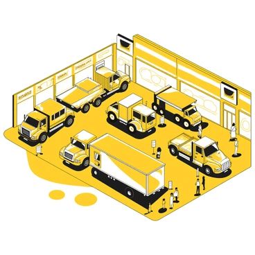 A spacious truck dealership showroom filled with shiny new trucks on display. The showroom features several trucks of varying sizes parked in neat rows, showcasing their detailed exteriors. Large windows allow light to flood the space, highlighting the polished surfaces of the trucks. There are informational placards beside each truck, detailing specifications and pricing. The floor is smooth and reflective, contributing to the overall clean and modern appearance of the showroom. A few customers are walking around, examining the trucks, while sales representatives are engaging with them.