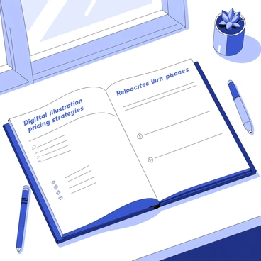 An open planner on a desk with digital illustration pricing strategies written inside