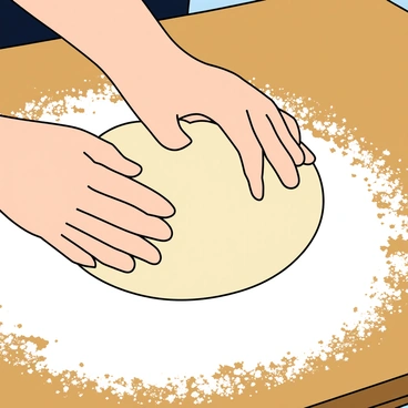 Close-up of hands kneading dough on a flour-dusted countertop