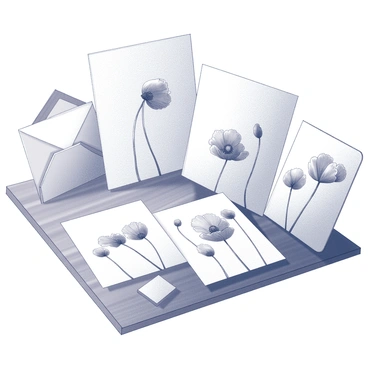 A collection of vintage stationery arranged on a wooden surface. Each piece features intricate hand-drawn designs of poppies, characterized by delicate petals and slender stems. The stationery includes envelopes, letter papers, and postcards, all showcasing the same floral pattern. The poppies are meticulously detailed, capturing the essence of their natural beauty. The composition highlights the elegance of the stationery, emphasizing the artistic craftsmanship in the design.