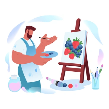 An artist is standing in a well-lit studio, focusing intently on a still life arrangement of various berries including strawberries, blueberries, and raspberries. The artist is wearing a paint-splattered apron and holds a palette in one hand, while the other hand is poised with a paintbrush above the canvas. The canvas displays a vibrant depiction of the berries, showcasing their rich colors and textures. Surrounding the artist are scattered paint tubes and brushes in jars, as well as an easel holding a blank canvas.