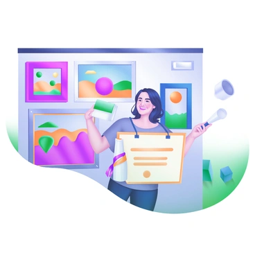 An artist proudly holding a certificate in one hand, standing next to a gallery wall filled with various pieces of their artwork. The artwork includes colorful paintings with abstract designs, landscapes, and portraits, all framed elegantly. The artist is wearing a stylish outfit, and their expression shows joy and accomplishment. The gallery features soft lighting that highlights the details of the artwork, creating an inviting atmosphere.