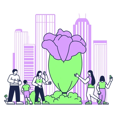 A "corpse flower" is prominently displayed in an urban setting surrounded by towering skyscrapers. The flower has large, fleshy petals that are a deep shade, with a distinctive shape that radiates from a central core. People are gathered around the flower, some taking photos while others are observing it in fascination. In the background, the sleek glass facades of the skyscrapers reflect the sunlight, contrasting with the organic form of the flower. A few trees and shrubs are visible at the base of the flower, adding a touch of greenery to the urban landscape. The scene captures a moment of surprise and curiosity amid the bustling city life.