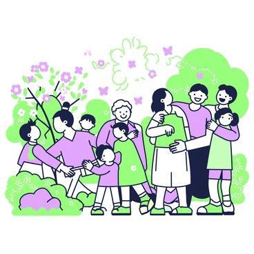 A garden filled with vibrant flowers and lush greenery serves as the setting for multiple families joyfully reuniting. In the foreground, a family of four with two children embraces, their faces beaming with happiness. Nearby, an elderly couple shares a warm hug with their adult children, all smiling brightly. To the side, a group of friends, holding hands, laugh and celebrate, surrounded by blossoming trees. The atmosphere is lively, with children playing with a ball in the background, while butterflies flutter among the flowers. Sunlight gently filters through the leaves, creating a serene ambiance.