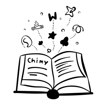 An open book with pages slightly curled displays visible text. Words are floating out from the pages, forming shapes and images above the book. Some of the words transform into whimsical characters, while others morph into various objects, like trees and stars. The scene includes small swirls and lines connecting the floating words, creating a sense of movement and interaction in the air around the book. The entire composition is framed to emphasize the magical escape of the story from the pages.