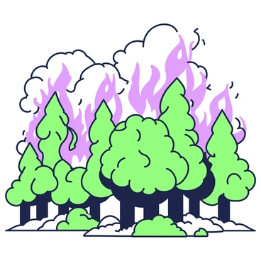 A dense forest is filled with towering trees, their trunks visible among the flames engulfing the foliage. The flames rise high, casting a flickering glow, while thick clouds of smoke billow into the sky, partially obscuring the sunlight. The ground is scattered with charred remnants of underbrush, and some trees are collapsing under the intensity of the fire. In the distance, the outlines of more trees can be seen, their silhouettes dark against the bright, fiery backdrop.