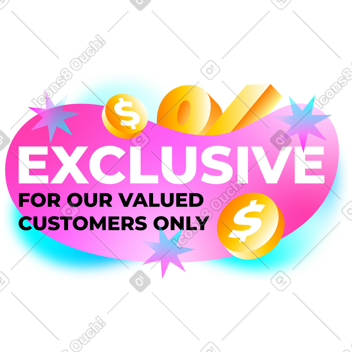 Illustration Lettrage exclusif avec signe de pourcentage, texte d'étoiles et pièces monnaie dans le style Typography à télécharger aux formats PNG, SVG