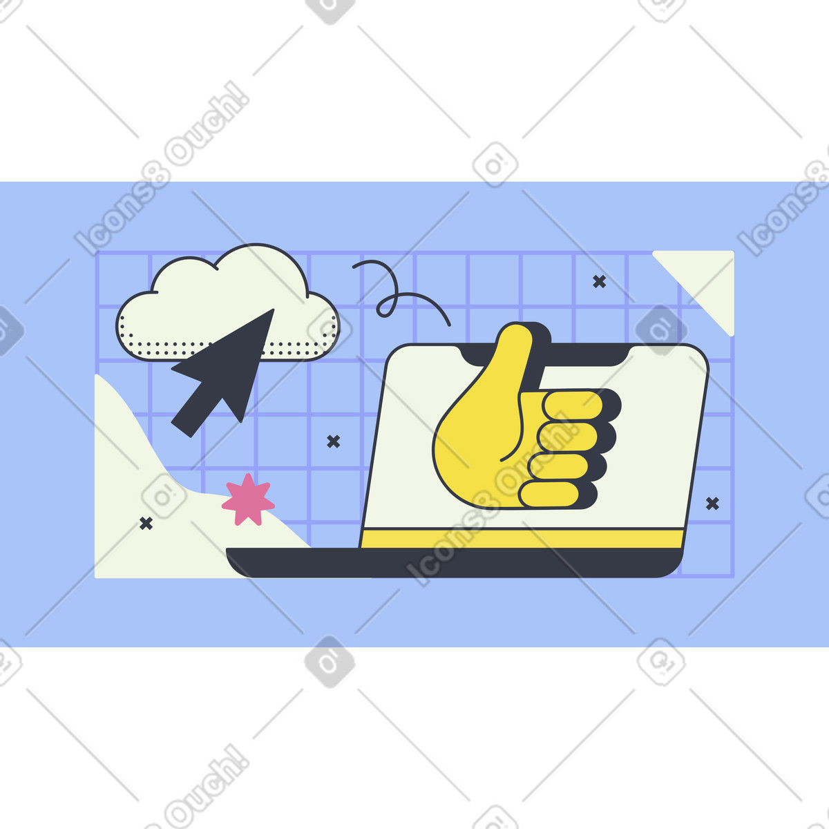 Laptop with thumbs up and cloud icon, Secure cloud storage software illustration in Abstract style download in PNG, SVG
