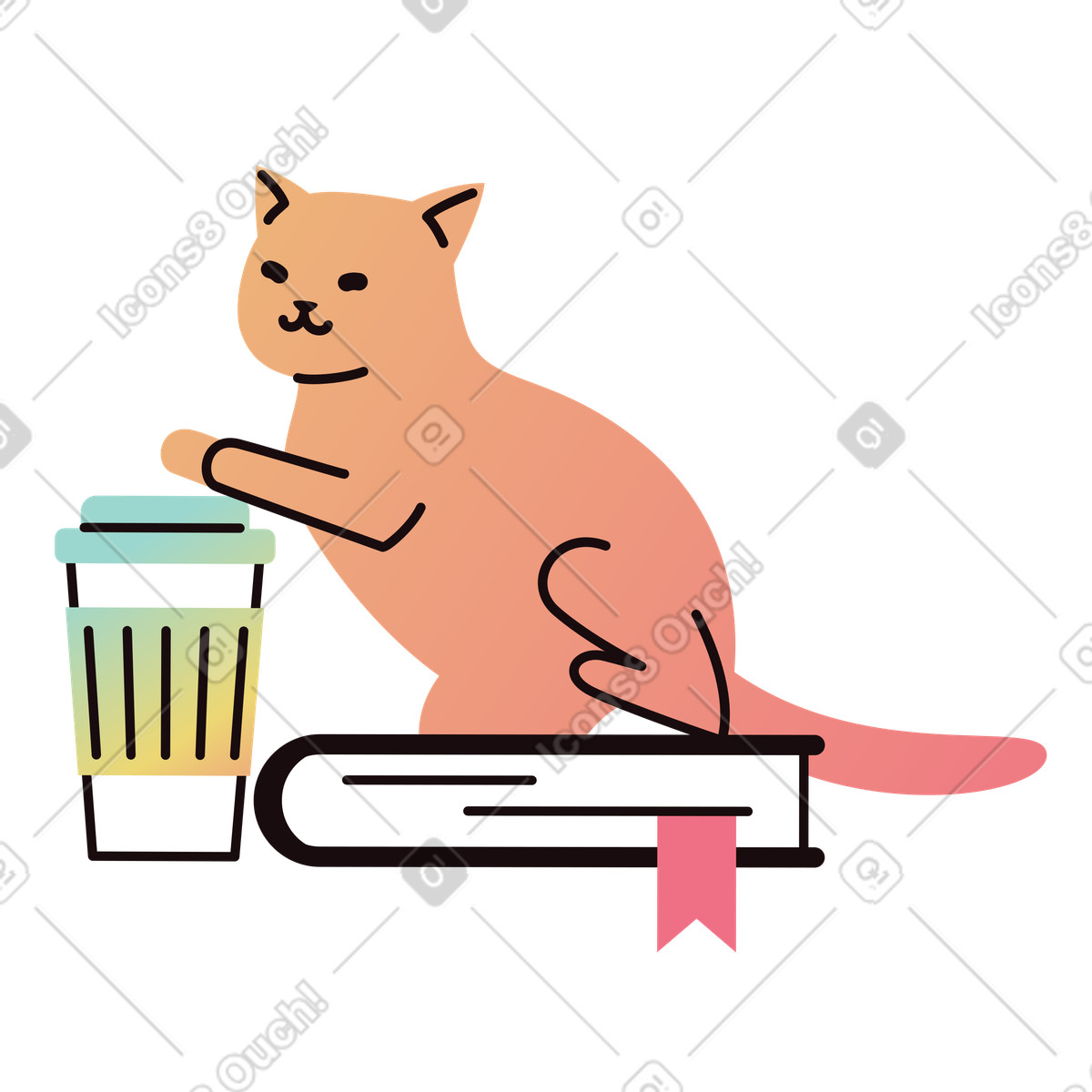 Illustration Chat avec une tasse de café et un livre dans le style Delight à télécharger aux formats PNG, SVG
