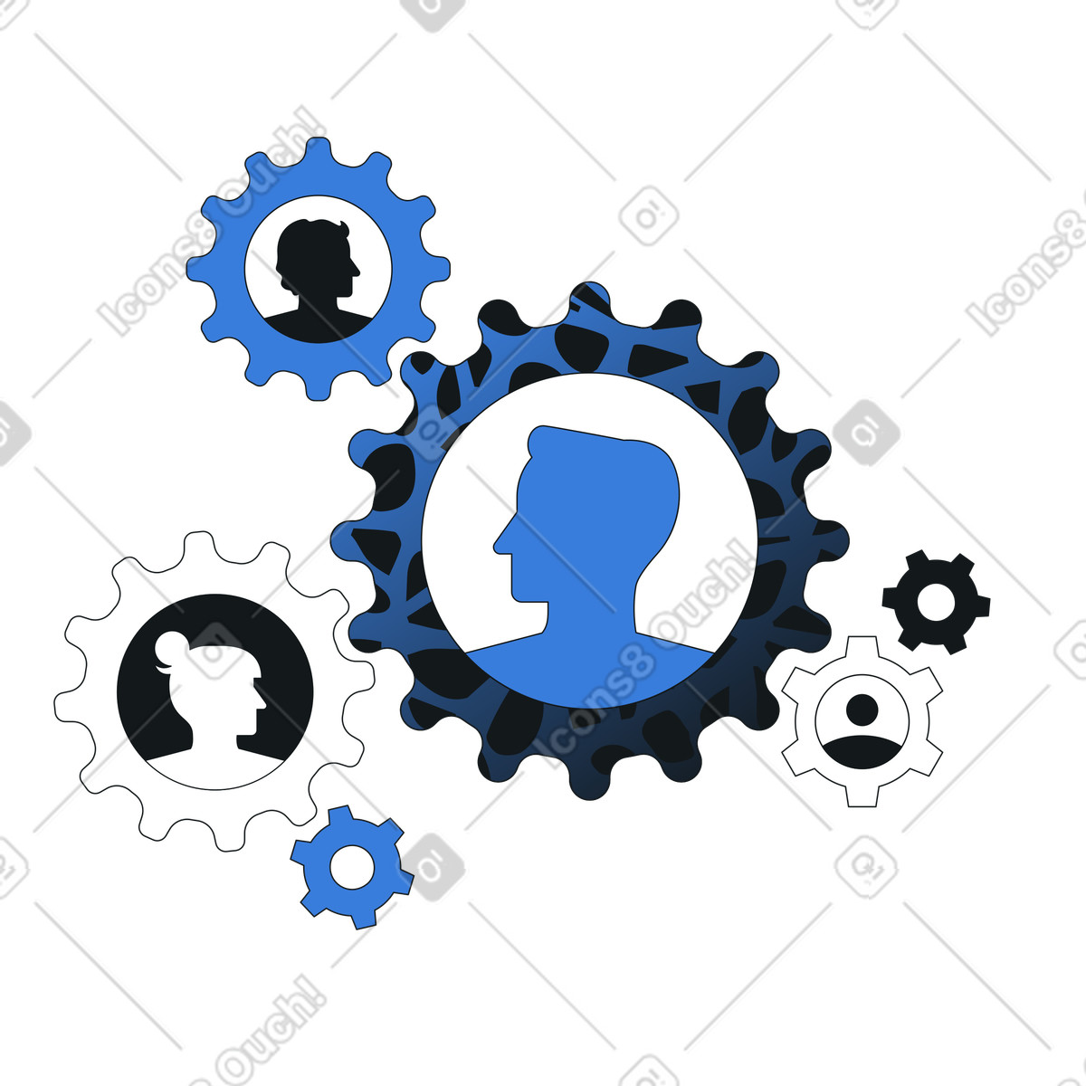 Organizational roles as connected cogs, team processes and workflow management, effective collaboration and teamwork illustration in Midnight style download in PNG, SVG