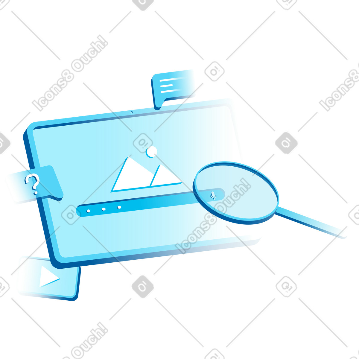 Ilustração de Tablet with search bar and magnifying glass, Online information discovery em no estilo Icy para baixar em PNG, SVG