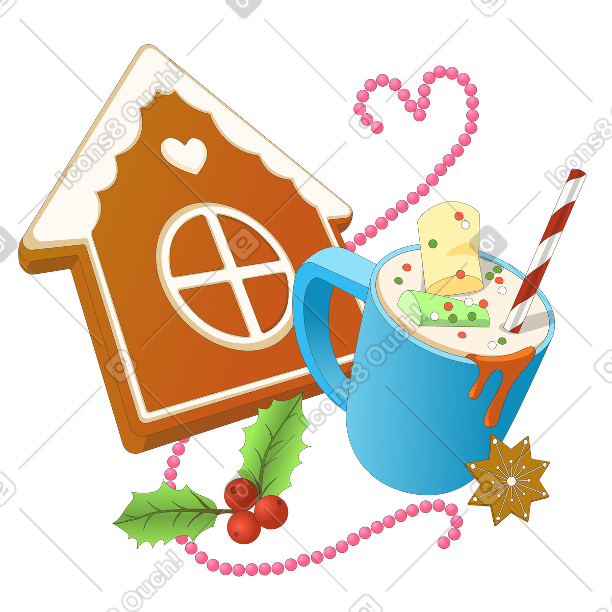 Hot chocolate with gingerbread house, Christmas holiday treat-Illustration im Kit-Stil als Download in PNG, SVG