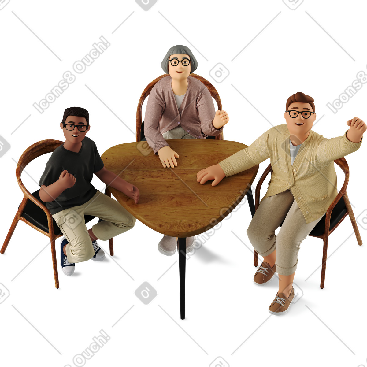 Ilustración Tres colegas levantando alegremente sus puños en estilo 3D Business a descargar en PNG y SVG